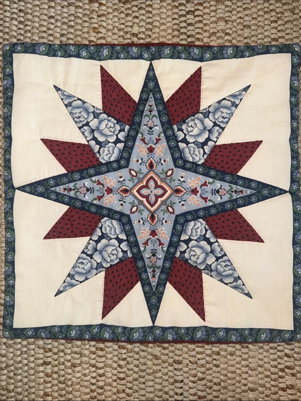 Starburst Patchwork Quilted pillow - Blue, Burgundy, Cream